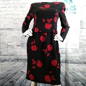 Vintage MXI polka Red Roses Black Dress Sz 8
